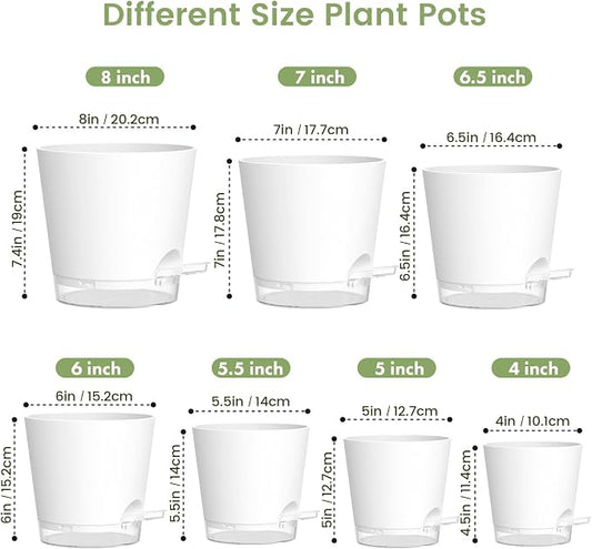 Meowell Self Watering Pots Set of 7 – Assorted Size 4" to 8" Indoor Plant Pots with Drainage Holes and Clear Reservoir for Visible Water Level, Plastic Wicking Planter for House Plants & Flower, White
