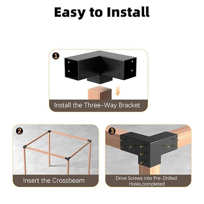 Pergola Brackets, 3-Way Pergola Kit for 4"x 4" (Actual 3.5" X 3.5") | Heavy Duty, Durable & Weather-Resistant Construction, Right Angle Corner Bracket with Black Powder Coated (4Pcs 3-Way)