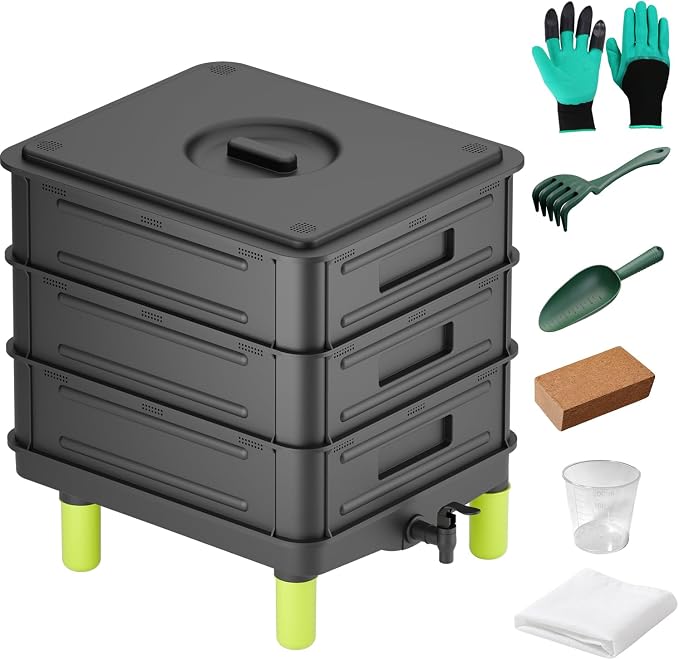 3-Layer Worm Composter, 50L Worm Compost Bin for Indoor & Outdoor, Worm Farm Starter Kits for Vermicomposting Starter, Garden Composting Bin for Recycling Food Waste (Black)