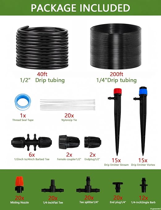 240FT Drip Irrigation System kit, Upgrade Automatic Garden Watering Kit with 1/2 inch Main Tubing ＆1/4 inch Distribution Hose, Quick-Connect Drip Irrigation Kit for Raised Bed, Greenhouse, Lawn, Patio