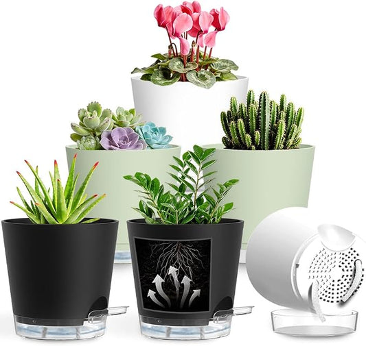 Self Watering Pots for Plants, 2026 New Flower Plant Pots with Drainage Holes, Wicking and Clear Reservoirs for Succulent, Aloe, Cacti and Others - 6 Pack (Colorful, 6")