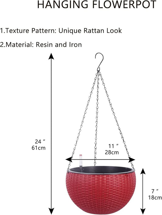 Vencer 11 Inch Round Resin Rattan Hanging Planters,Red,VF-A15-R | Self Watering,Drain Hole,Metal Chain,Water Indicator,Indoor Outdoor
