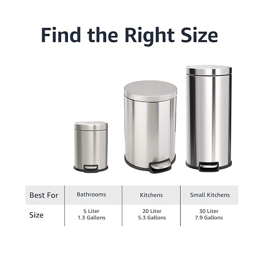 Amazon Basics Round Cylindrical Trash Can with Soft-Close Lid, Foot Pedal, Removable Inner Bucket, Smudge Resistant, 20 l/5.3 gallon, Brushed Stainless Steel
