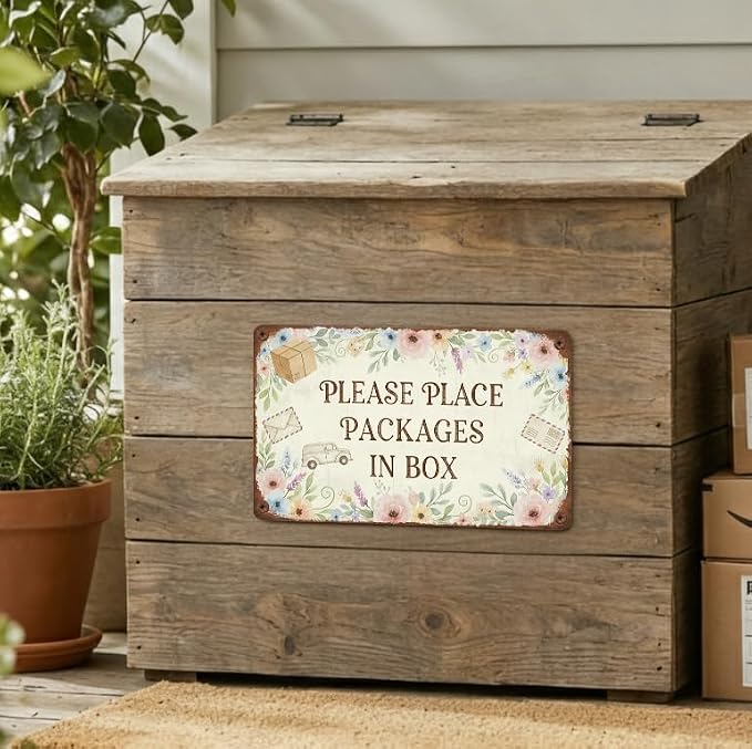 Garden Decor Delivery Sign Please Place Packages in Box Porch Decor | Homeowners • Front Door Display • Garden Theme • Floral Rustic Style • UV Printed • 8x12 Inch