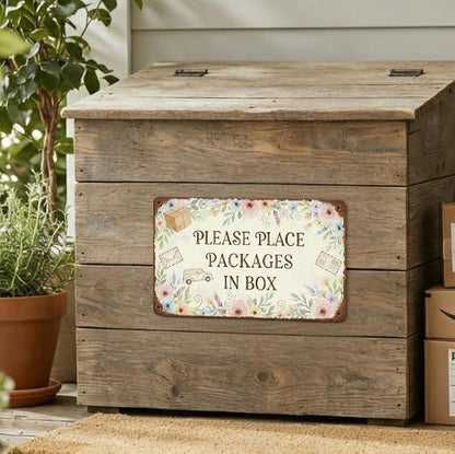 Garden Decor Delivery Sign Please Place Packages in Box Porch Decor | Homeowners • Front Door Display • Garden Theme • Floral Rustic Style • UV Printed • 8x12 Inch