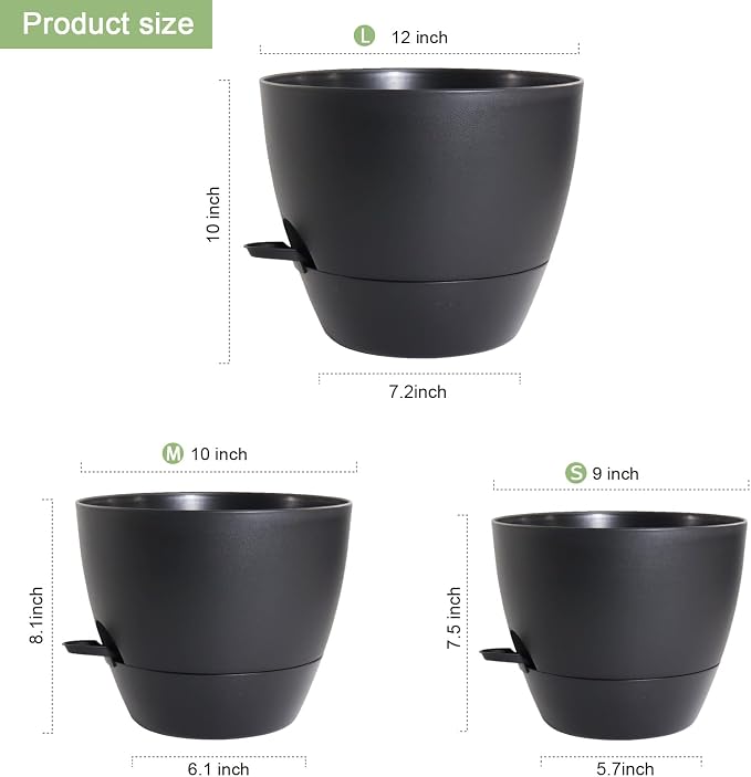 WSMKSZ 12/10/9 inch Large Self Watering Pots, Planter, Plant Pots with Mesh Drainage Holes for Indoor Outdoor Garden Plants, Plastic Flower Pots with Removable Deep Reservoir, Black