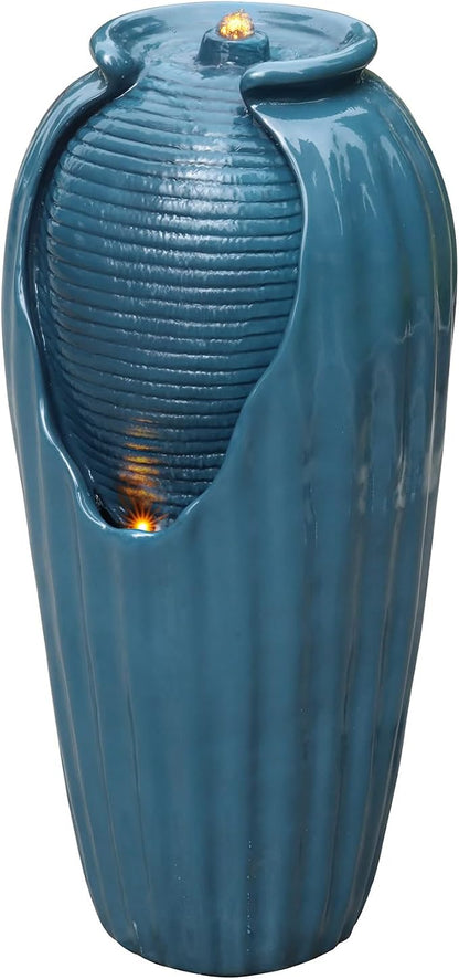 Teamson Home 32 in. Outdoor Contemporary Glazed Contoured Vase Water Fountain with LED Lights to Create a Calming Oasis in Gardens and Landscaping, on Patios, Balconies, Lawns, Teal Blue | Freestanding Floor Feature, Built-In LED Light, Glossy Teal Blu...