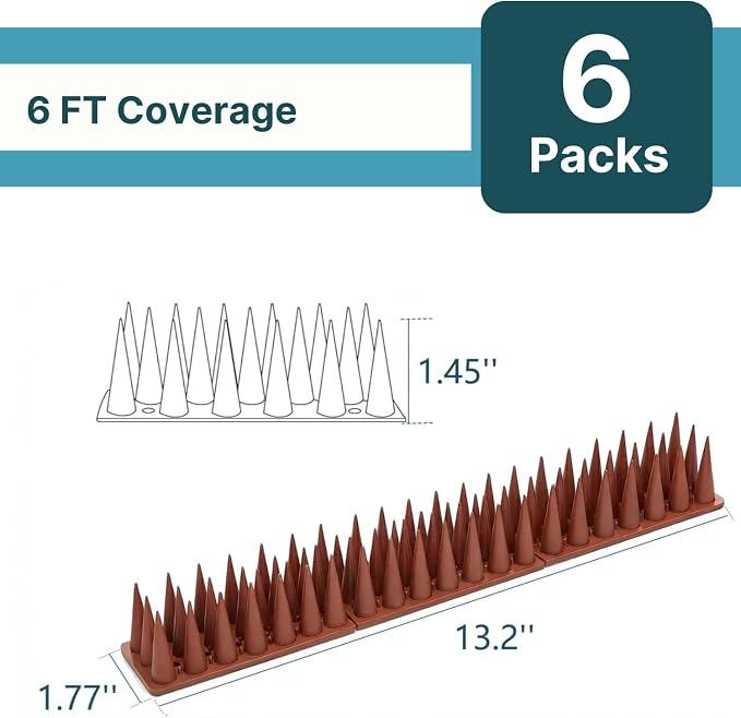 Bird & Animal Deterrent Spikes, 6 Packs Outdoor Plastic Spike Strips for Roof, Ledges, Fence, Walls & Railing, Humane Squirrel, Raccoon & Pigeon Barrier, 6 FT Coverage, Brown