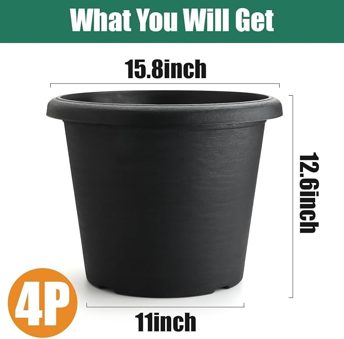 4 Pack 16 Inch Large Planters for Outdoor Plants, Heavy-Duty Plastic Plant Pots with Drainage Holes - 30L Capacity Indoor Outdoor Flower Pots, 16" Diax12" Tall, Cement Textured Patio Garden Containers