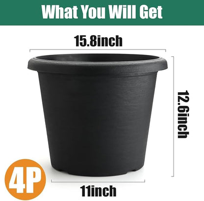 4 Pack 16 Inch Large Planters for Outdoor Plants, Heavy-Duty Plastic Plant Pots with Drainage Holes - 30L Capacity Indoor Outdoor Flower Pots, 16" Diax12" Tall, Cement Textured Patio Garden Containers
