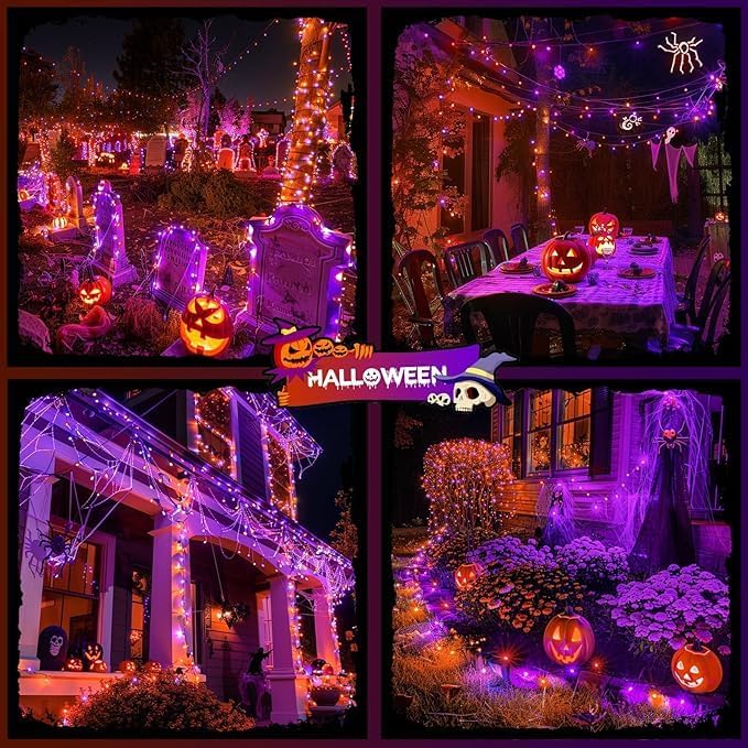JMEXSUSS 2 Pack Solar Halloween Lights Total 400LED 151FT Orange and Purple | Halloween Lights Outdoor Waterproof, 8 Modes Solar String Lights for Outside Patio Yard Tree Halloween Decorations