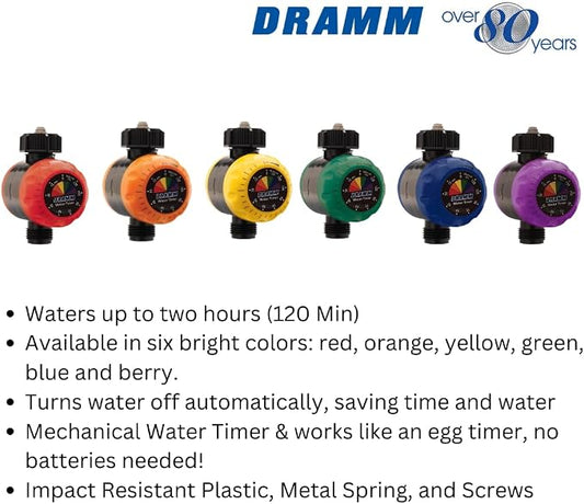 Dramm ColorStorm Premium Water Hose Timer, Mechanical, Turns Water Off Automatically, Up to 120 Minutes of Run Time, Compact for Lawn, Drip, Soaker Hose and Garden, Yellow