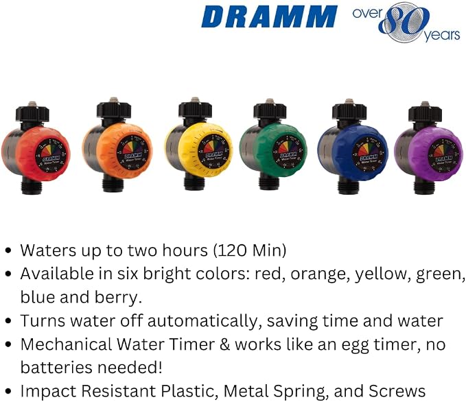 Dramm ColorStorm Premium Water Hose Timer, Mechanical, Turns Water Off Automatically, Up to 120 Minutes of Run Time, Compact for Lawn, Drip, Soaker Hose and Garden, Berry