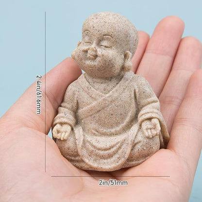 ZORZA 2Pcs Cute Mini Resin Monk Zen Buddha Statue Bring Peaceful Energy | Sandstone-Style Finish,Small Decorative Reminder to Smile Meditation,Symbol of Joy Good Luck,for Desk Garden Aquarium
