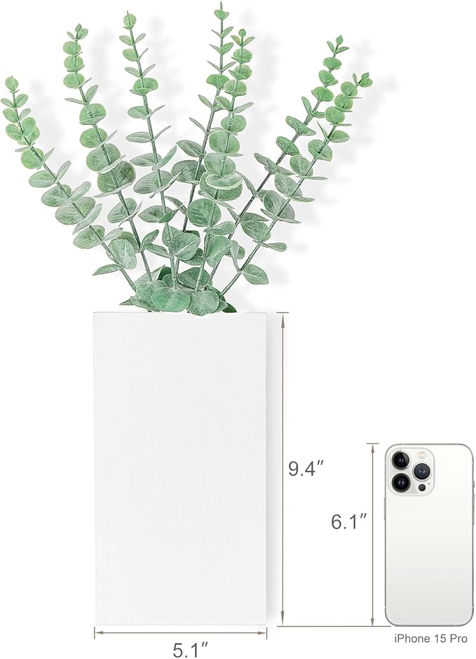 Dahey 2 Pack Wood Wall Planter Vase with Artificial Eucalyptus Farmhouse Wall Hanging Decor Pocket Planter for Indoor Fake Plants Greenery Flowers Living Room Bedroom Kitchen Home Decoration, White