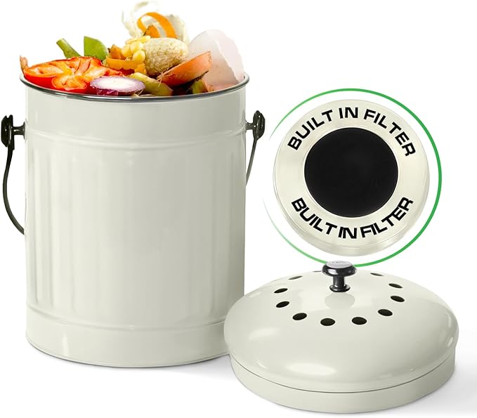Plexon Kitchen Compost Bin Indoor with Lid, Off-White 1.5 Gallon Odorless Container, Steel Food Compost Bucket for Kitchen with Charcoal Filter, Compost Pail Countertop