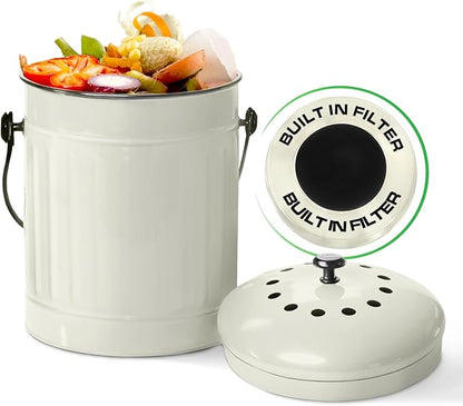 Plexon Kitchen Compost Bin Indoor with Lid, Off-White 1.5 Gallon Odorless Container, Steel Food Compost Bucket for Kitchen with Charcoal Filter, Compost Pail Countertop