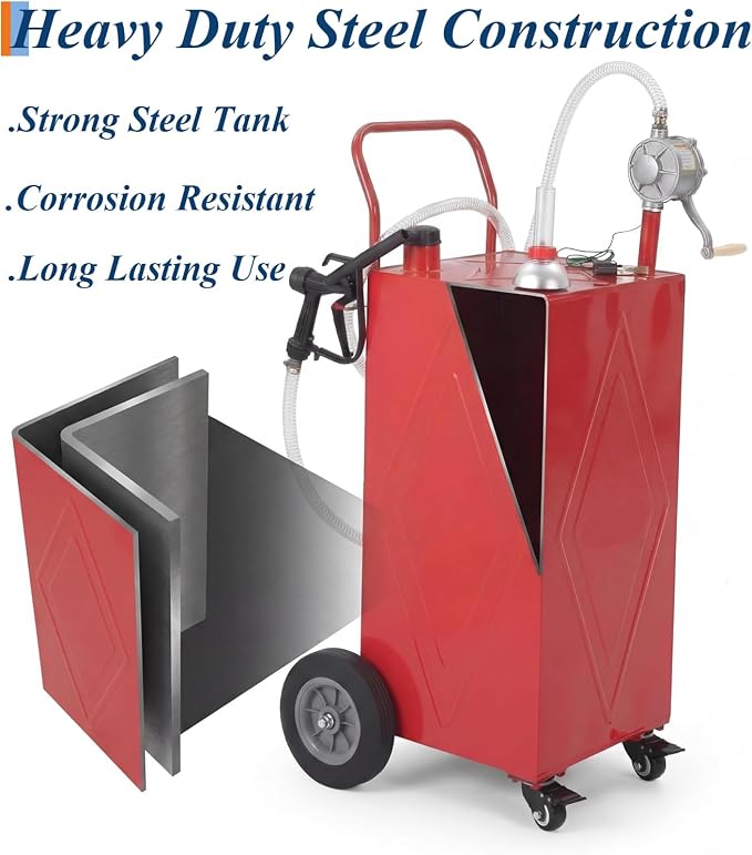 Garvee 30 Gallon Fuel Caddy with Manual Transfer Pump, Portable Gas Storage Tank on 4 Wheels, Gasoline & Diesel Fuel Storage Tank for Cars, Lawn Mowers, ATVs, Boats, More, Red | Portable Gas Storage Tank on 4 Wheels, Gasoline & Diesel Fuel Storage Tank...