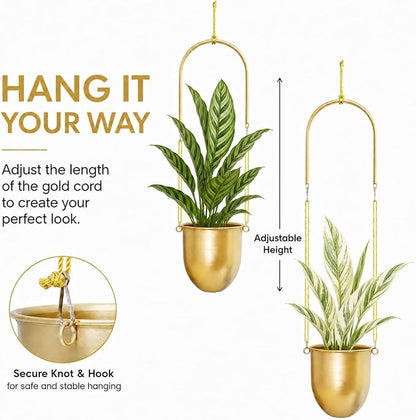 AceList Gold Hanging Planters Set of 2 - Modern Metal Plant Pots 5.5 Inch with Adjustable Hemp Rope and Mounting Hooks, Indoor Outdoor Boho Home Decor for Living Room Balcony Garden Patio Window