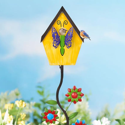 51” Metal Bird Houses Stake for Outside Butterfly Design | Metal Wild Birdhouse, 5 Pronged Garden Stake Pole, Outdoor Decorations for Patio, Backyard, Garden