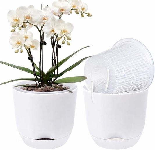 7.2Inch White Orchid Pots with Holes for Repotting, Double-Layer Plastic Self Watering Flower Pots for Indoor Plants with Drainage Holes, Clear Orchid Pot Match Decorative Orchid Container, 1Pack
