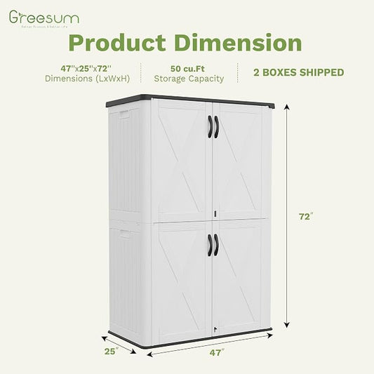 Greesum Outdoor Storage Cabinet, 50 CUFT Deck Box Without Shelves, Waterproof Plastic Storage Shed for Patio Cushions, Gardening Tools, Lockable and Sidehandles, UV Resistant, White