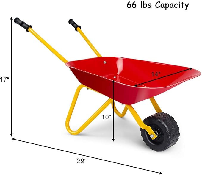 Nightcore Kids Metal Wheelbarrow, Metal Construction Toys Kart, Yard Rover Steel Tray, Tote Dirt, Tools, Leaves in Garden for Toddlers (Red)