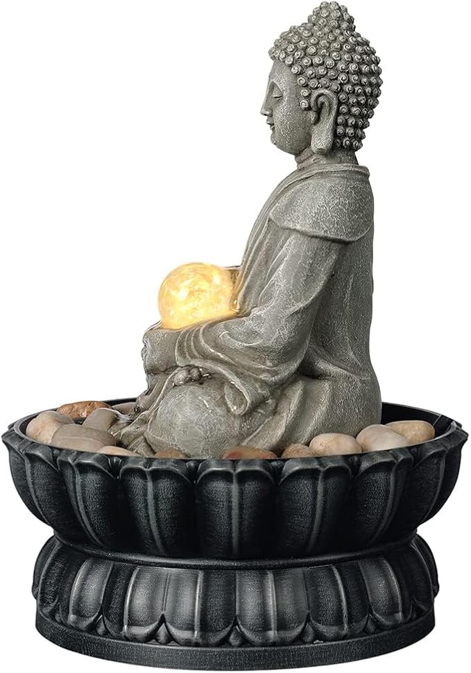 Kalona Tabletop Buddha Waterfall Fountain, Meditating Buddha Zen Fountain with LED Glass Orb, Relaxing Desk Water Feature for Home Office Decor(21127B)