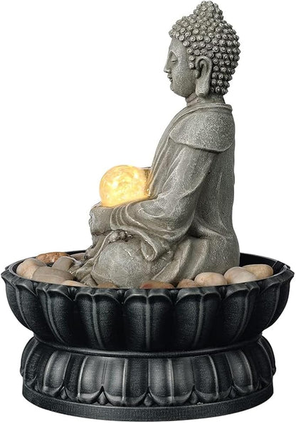 Kalona Tabletop Buddha Waterfall Fountain, Meditating Buddha Zen Fountain with LED Glass Orb, Relaxing Desk Water Feature for Home Office Decor(21127B)