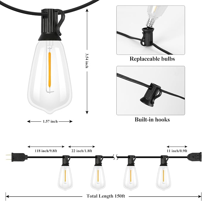 Brightever LED String Lights Outdoor Waterproof, 150FT 2200K Dimmable Patio Lights with 77 Shatterproof ST38 Vintage Edison Bulbs, Outside Hanging Light for Porch, Deck, Garden, Backyard, Balcony