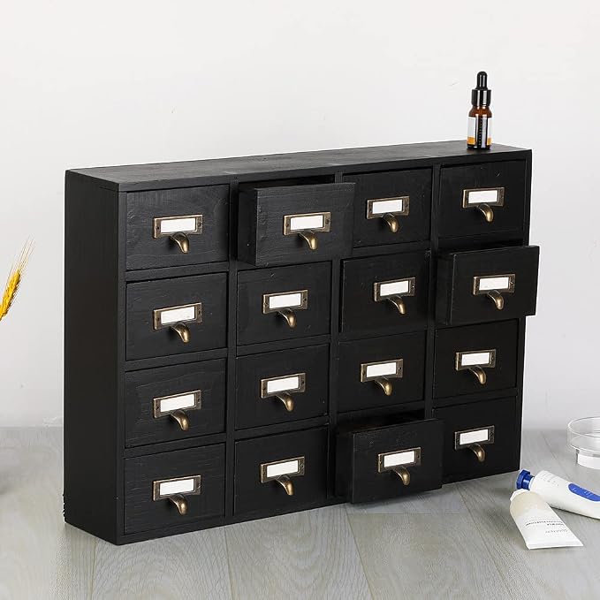 Apothecary Drawers Apothecary Cabinet with Drawers, Black | 16 Drawer Library Card Catalog, Wooden Storage Box, Wooden Desktop Organizer with Metal Handles-Fulled Assembled