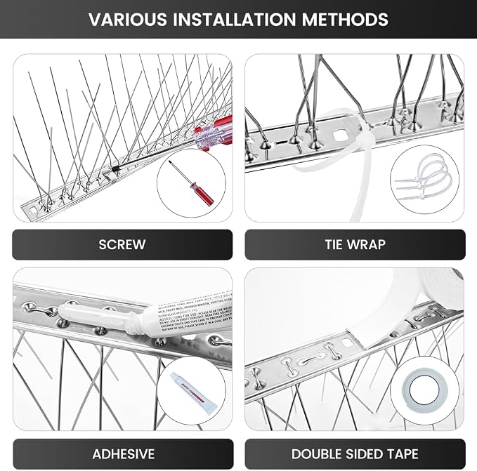 Ley's Stainless Steel Bird Spikes, 3.2 FT (3 Pack), Easy Install Metal Bird Deterrent Spikes Strip, Humane Pigeon & Small Bird Repellent for Roof, Fence, Balcony & Outdoor Protection