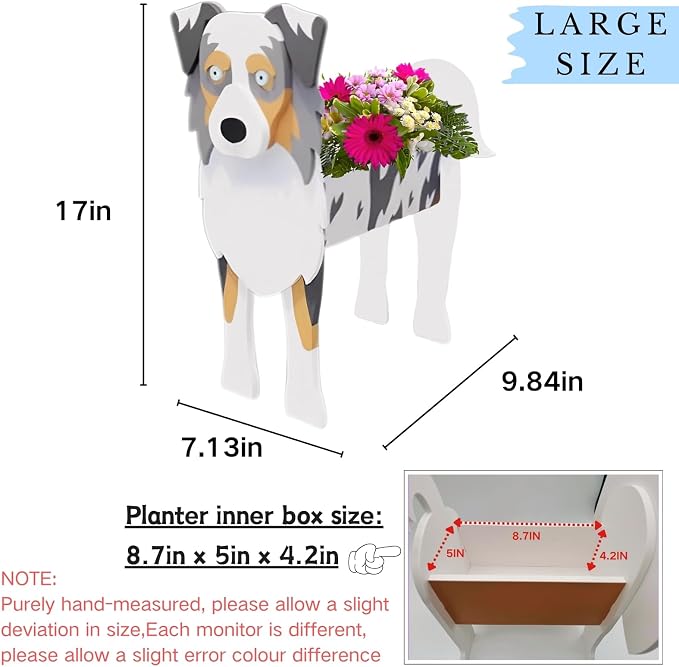 Australian Shepherd Dog Planter Pots, 9.84 x 7.13 x 17 Inches | Large Dog Flower Pot, Cute Animal Shaped Plant Pot, Gifts for Women & Pet Lovers, Indoor Outdoor Garden Home Office Decor