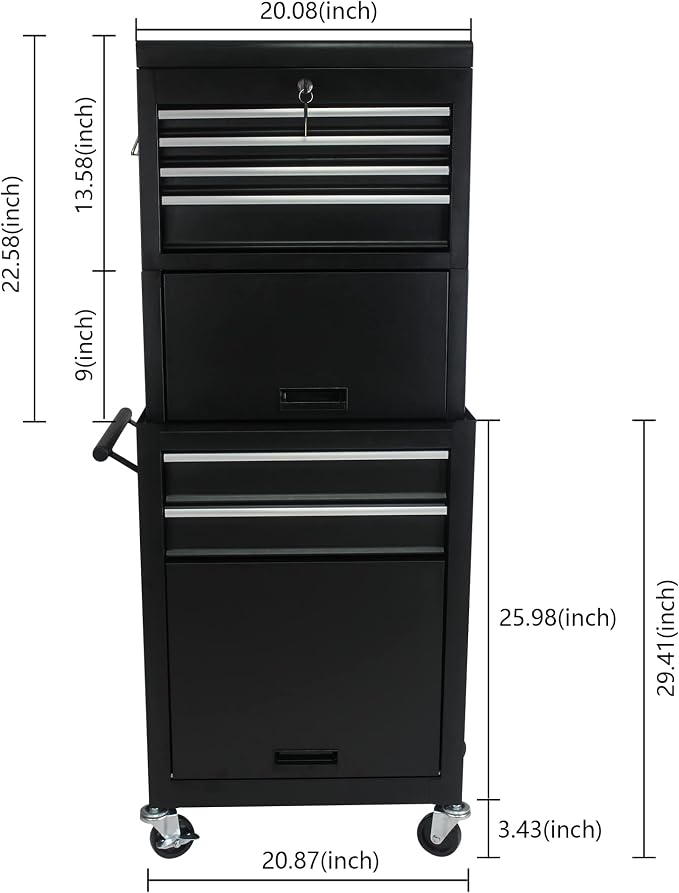 6-Drawer Tool Chest, Detachable Top for Garage, Black 3Set | Rolling Mobile Storage Cabinet Organizer with Lockable Wheels for Workshop Utility, Heavy Duty Metal Construction