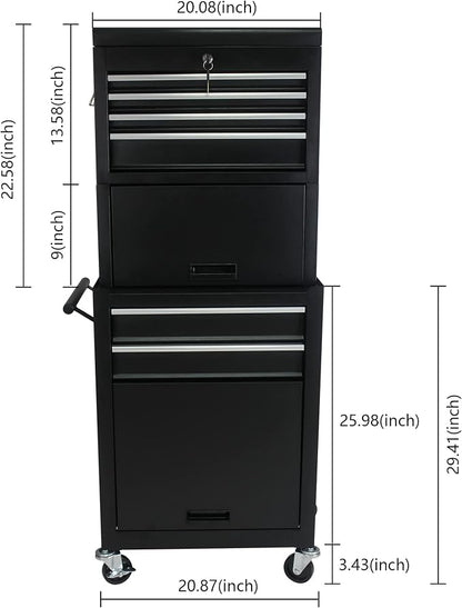 6-Drawer Tool Chest, Detachable Top for Garage, Black 3Set | Rolling Mobile Storage Cabinet Organizer with Lockable Wheels for Workshop Utility, Heavy Duty Metal Construction