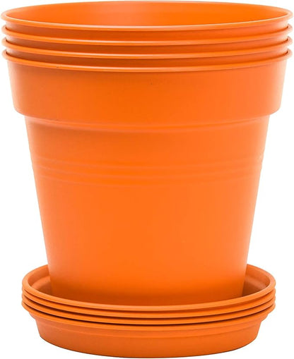 Mintra Garden Pots, 4 Pack Bulk Plastic Plant Pots with Drainage Tray, Round Indoor & Outdoor Decorative Planters with Drain Holes for Flowers, Herbs & Plants, 11cm Diameter – Orange, 4.3 in