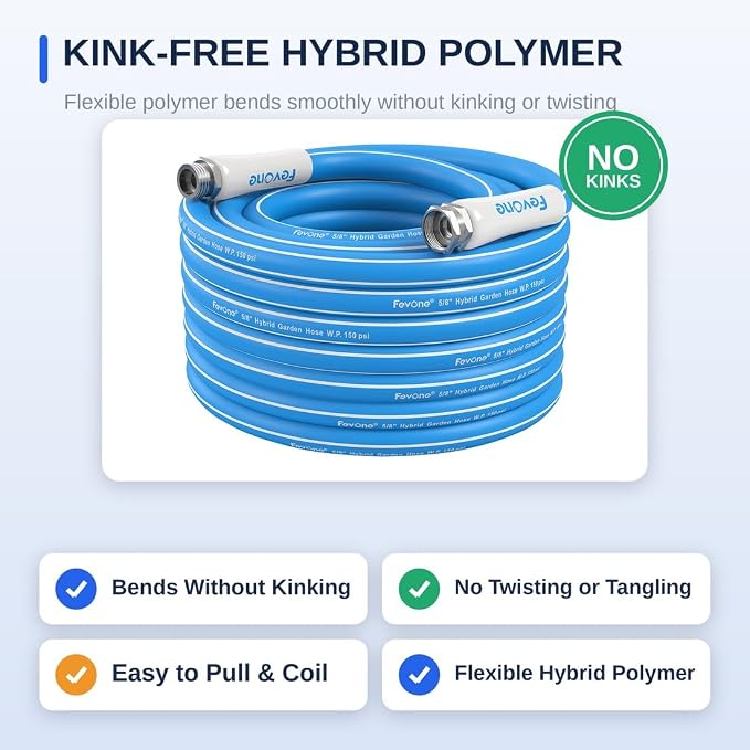 FEVONE Kink Free Garden Hose 50 ft, Heavy Duty Water Hose | Flexible Hybrid Polymer, Drinking Water Safe, 5/8 ID, 600 PSI, Leak-Proof, Aluminum 3/4 GHT Fittings for Garden Watering