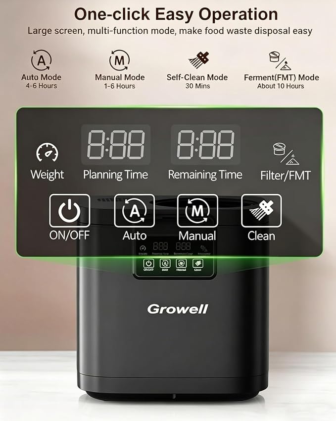 Electric Composter for Kitchen, 4L Indoor Odorless Compost Bin with 2 Carbon Filters, Upgraded Brushless Motor, Auto-Clean, LED Display, Visible Window, Smart Countertop Food Waste Composting Machine