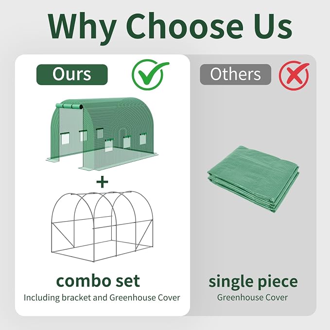 Superlele Heavy Duty Walk-in Greenhouse for Outdoor, 10x6.6x6.6FT Large Garden Green House with Reinforced PE Mesh Cover, 6 Roll-up Windows with Screen, 8 Ground Stakes and Ropes, Green