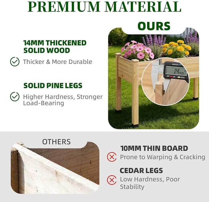 Wood Raised Garden Bed, 72x24x30in Elevated Wooden Planter Box with Legs Standing Growing Bed for Backyard, Patio, Balcony with Bed Liner, 200 Pound Capacity 2PCS