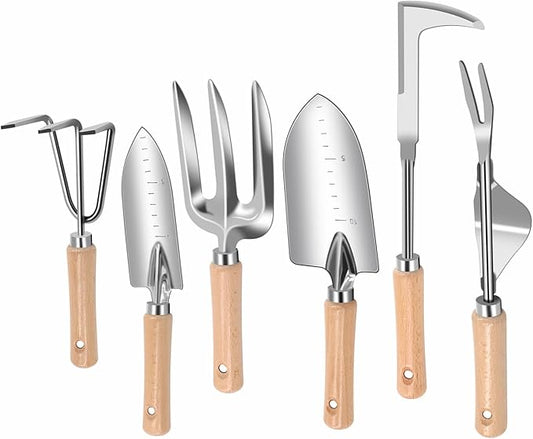 Weed Puller Tool, 6 Piece Stainless Steel Heavy Duty Weeding Tool, Weed Puller, Crack Weeder Tool, Weed Remover Tool with Ergonomic Wooden Handle, Gardening Gifts for Women