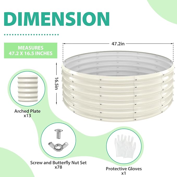 YSEJOMP 17" Tall 48" Diameter Round Raised Garden Bed Kits Outdoor White | Heavy Duty,Rustproof,Durable & Stylish,1.5 FT Tall,4FT Planter Bed,0.8MM Thick Galvanized Metal Painted,with Gloves,Tool free