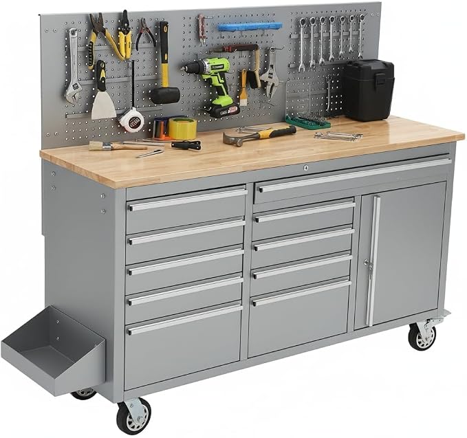 PeakPursuit 61" Rolling Tool Chest with 10 Drawers, Workbench Cabinet with Power Strip, Solid Rubber Wood Top, Pegboard, 1675 LBS Load, Mobile Heavy Duty Garage Storage, Locking Wheels, Silver