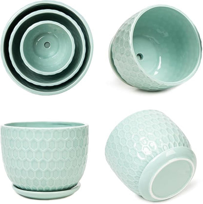 Ceramic Flower Pots with Drainage Hole and Saucer, Modern Round Succulent Planters with Honeycomb Inspired Texture Design, Small to Medium Sized, Set of 3, Green