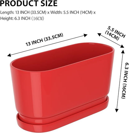 13" Rectangular Ceramic Planter with Drainage and Saucer, Red | Indoor Outdoor Use, 13"L x 5.5"W x 6.3"H, Modern Home Decor, Window Box Planter, Red Glossy Finish