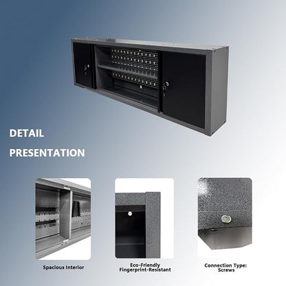 JZD Metal Wall Mount Cabinet 59" Long, Included 22 Hooks & Tool Holders, Space Saving for Workshop Storage Solutions