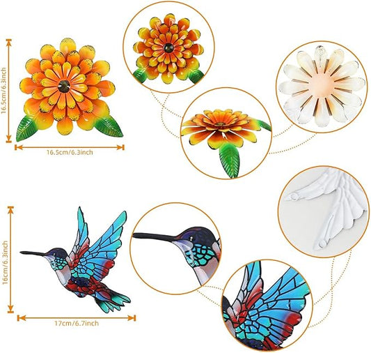 3D Metal Hummingbird Flower Wall Art Garden Decor, 6 PCS 6“ Birds Sunflower Outdoor Wall Art, Floral Wall Hanging Art Sculpture Outside Garden Living Room Porch Yard, Gift for Women Mom