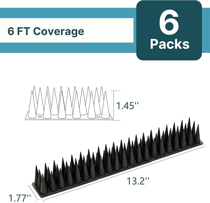 Bird & Animal Deterrent Spikes, 6 Packs Outdoor Plastic Spike Strips for Roof, Ledges, Fence, Walls & Railing, Humane Squirrel, Raccoon & Pigeon Barrier, 6 FT Coverage, Black