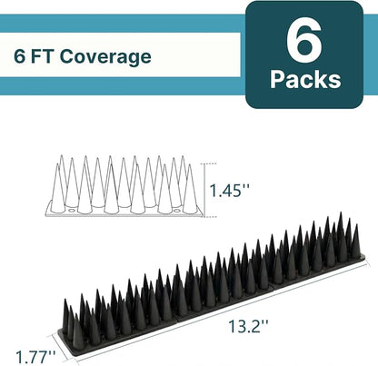 Bird & Animal Deterrent Spikes, 6 Packs Outdoor Plastic Spike Strips for Roof, Ledges, Fence, Walls & Railing, Humane Squirrel, Raccoon & Pigeon Barrier, 6 FT Coverage, Black
