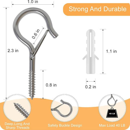Black Screw Hooks with Safety Lock 2.3" Rustproof Metal Ceiling Hooks for Hanging Plants, Baskets,String Lights & Outdoor Decor, 40LB Capacity (10, Silver)